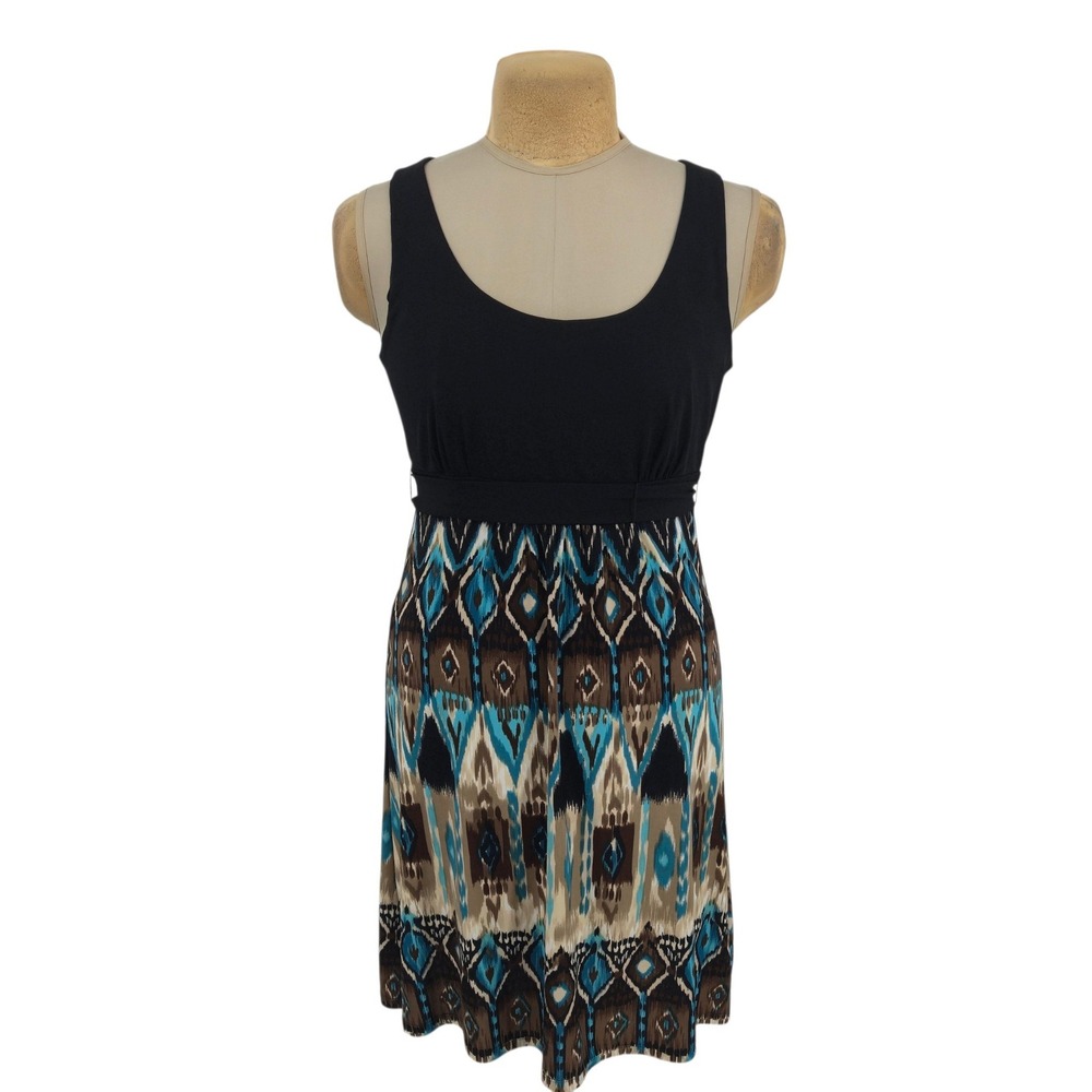 Studio I Sleeveless Ikat Print Dress Women Size Medium Black Blue Brown Ikat